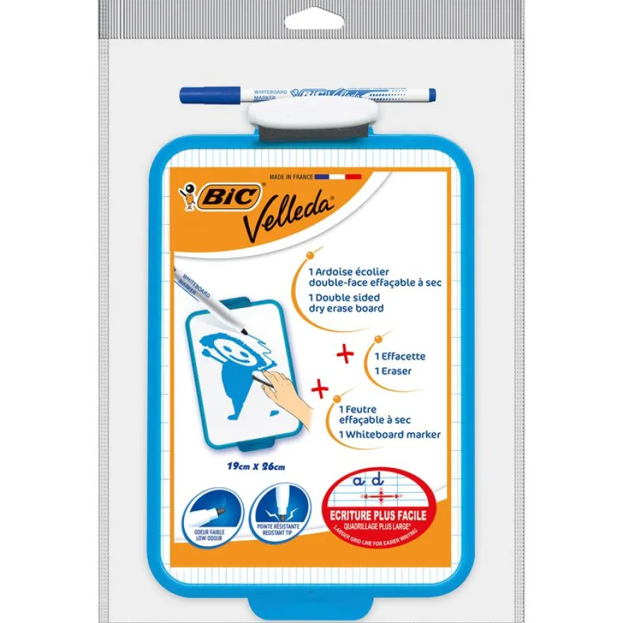 BIC - Ardoise Velleda blanche - 19 x 26 cm - double face grands carreaux (seyes) - cadre bleu