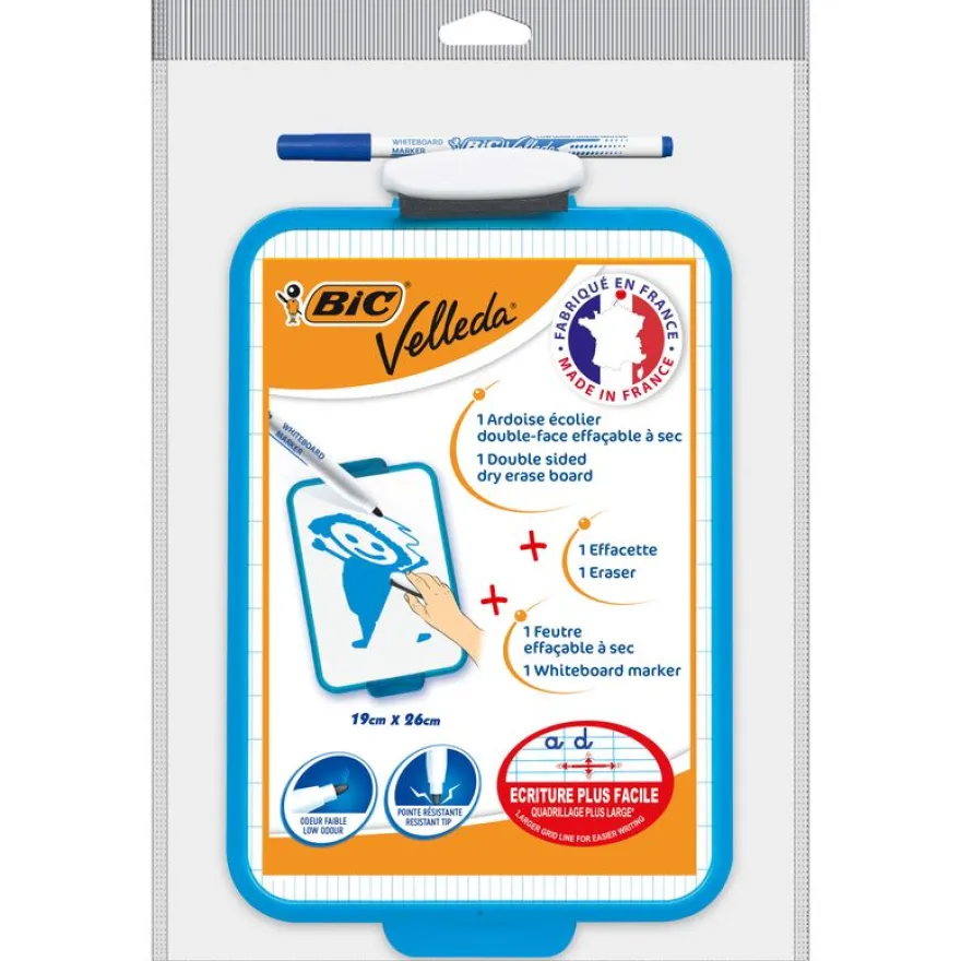 BIC - Ardoise Velleda blanche - 19 x 26 cm - double face grands carreaux (seyes) - cadre bleu