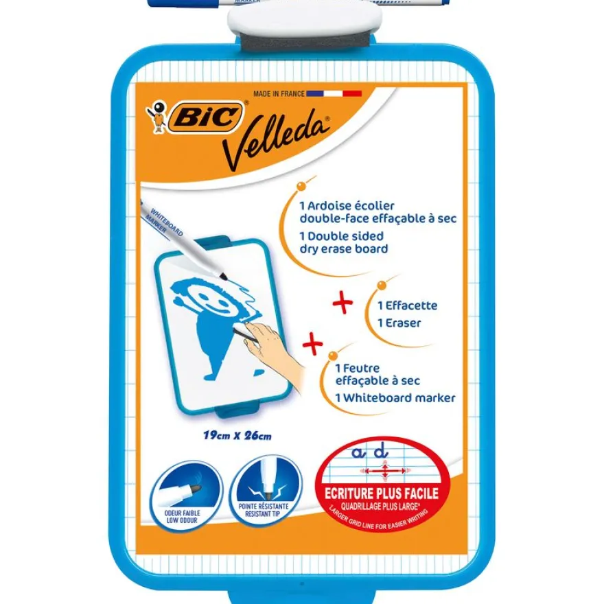 BIC - Ardoise Velleda blanche - 19 x 26 cm - double face grands carreaux (seyes) - cadre bleu