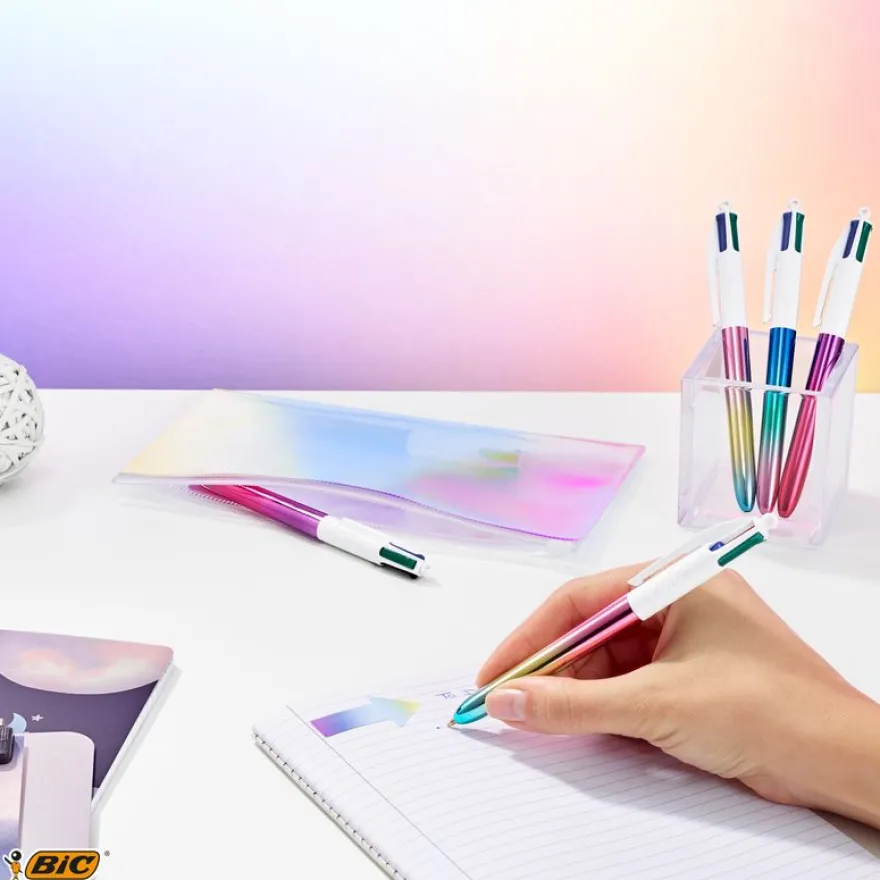BIC 4 Couleurs gradient corps métallique irisé_ Stylos-Bille Rétractables Pointe Moyenne (1,0 mm)