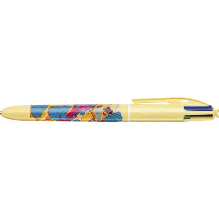 BIC 4 Couleurs Original - Stylo à bille 4 couleurs (rouge, bleu, vert, noir) - décors hydro jaune