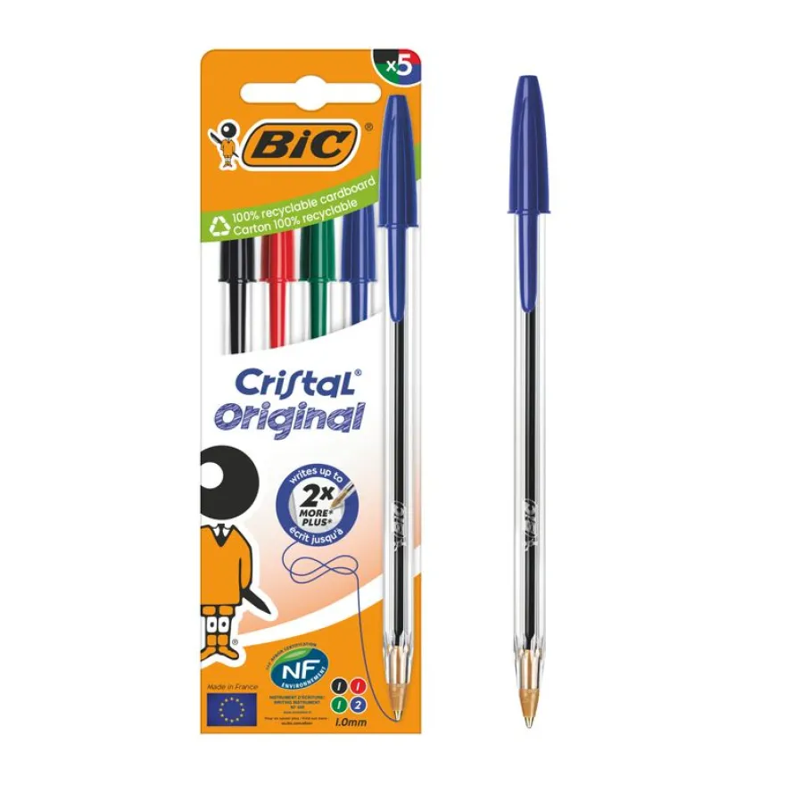 BIC Cristal - 5 Stylos à bille - couleurs assorties - 1 mm - pointe moyenne (étui carton)