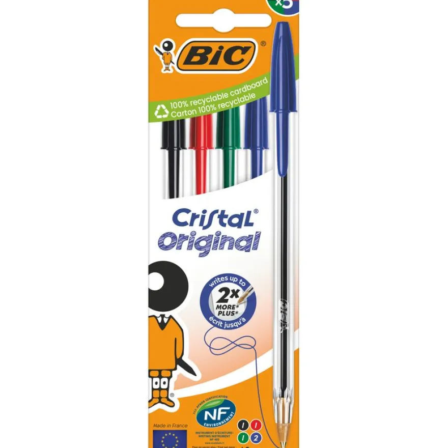 BIC Cristal - 5 Stylos à bille - couleurs assorties - 1 mm - pointe moyenne (étui carton)