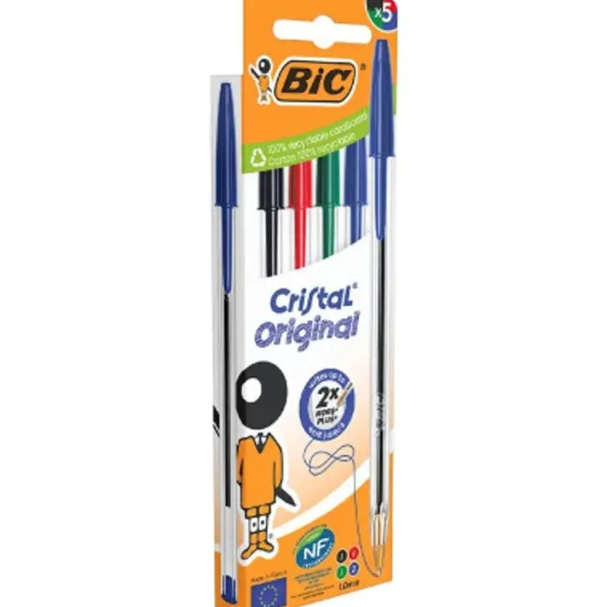 BIC Cristal - 5 Stylos à bille - couleurs assorties - 1 mm - pointe moyenne (étui carton)
