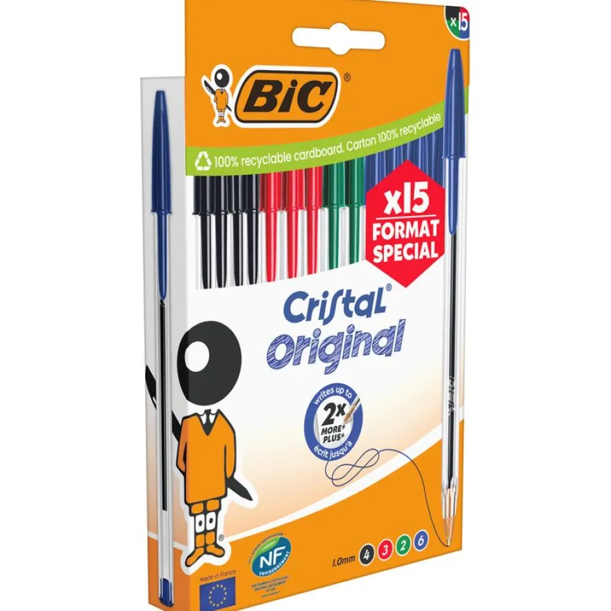 BIC Cristal Original Stylos-Bille Pointe Moyenne (1,0 mm) - Couleurs Assorties, Format spécial de 15
