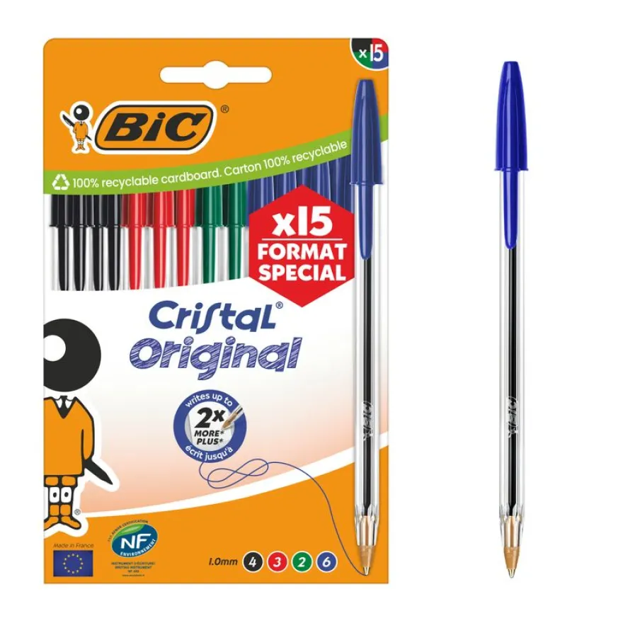BIC Cristal Original Stylos-Bille Pointe Moyenne (1,0 mm) - Couleurs Assorties, Format spécial de 15