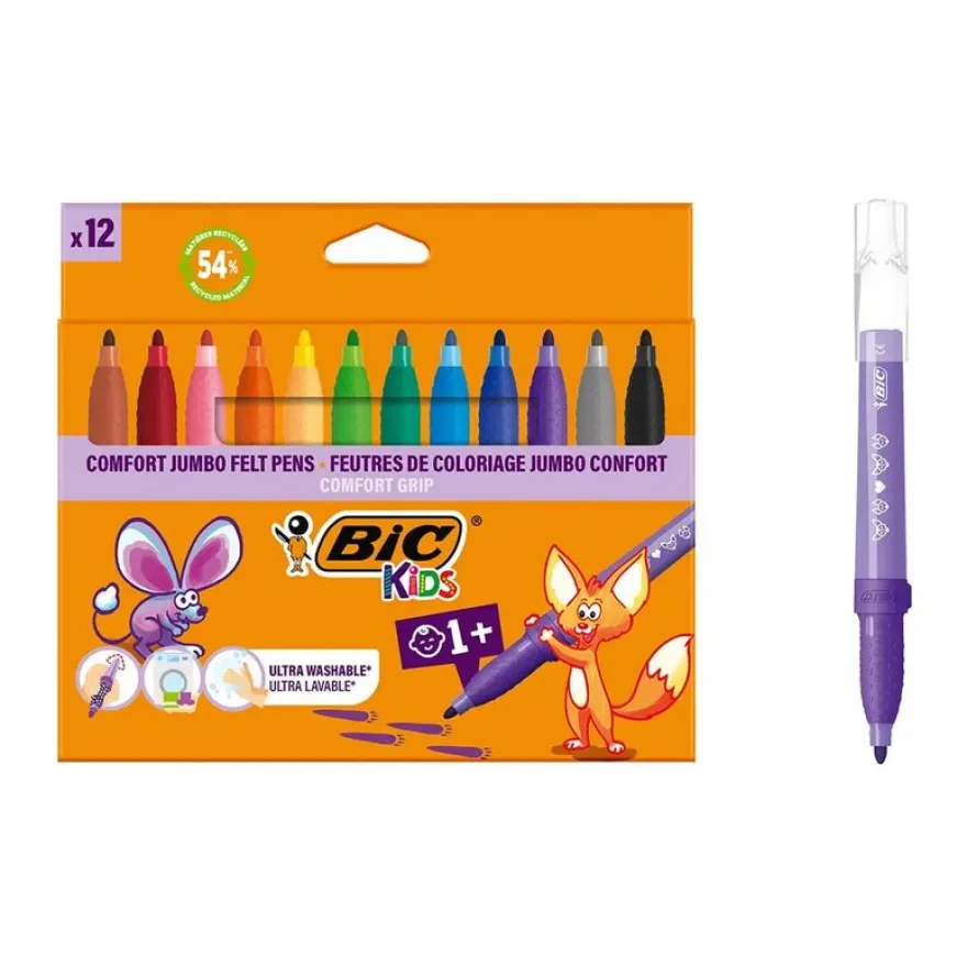 BIC KiDS - Marqueur - couleurs assorties - encre à l'eau - jumbo (pack de 12)