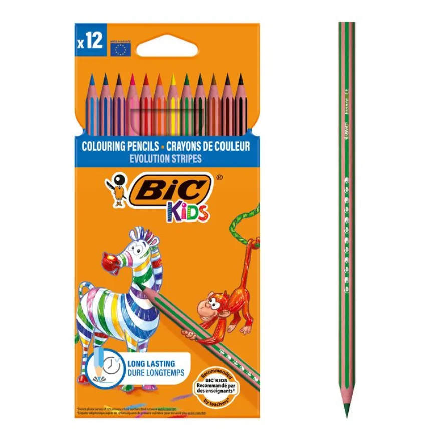 BIC KiDS Evolution Stripes - 12 Crayons de couleur - couleurs assorties