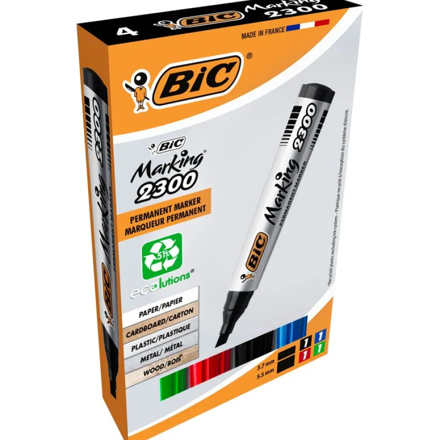 BIC MARKING 2300 - Pack de 4 marqueurs permanents - pointe biseau - couleurs assorties
