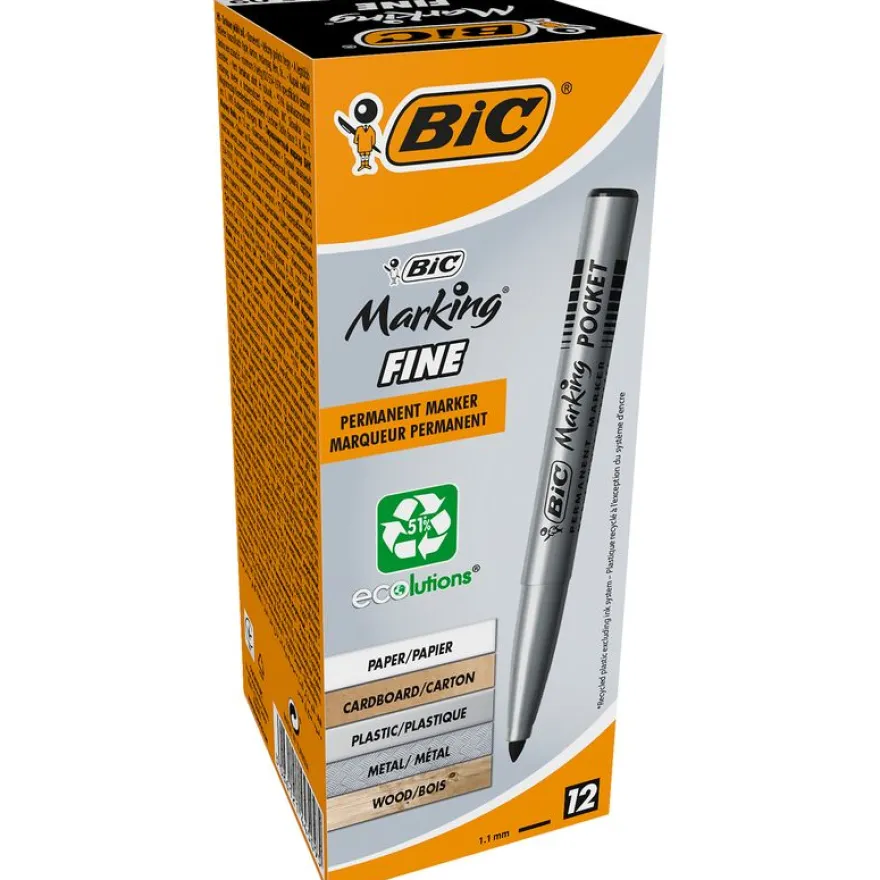 BIC MARKING Pocket 1445 - Pack de 12 marqueurs permanents - pointe ogive - noir