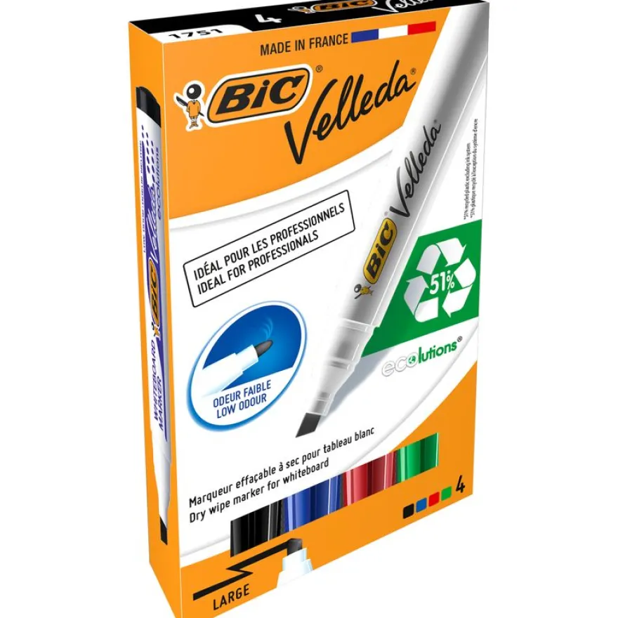 BIC VELLEDA 1751 - Pack de 4 marqueurs effaçables - pointe biseau - couleurs assorties