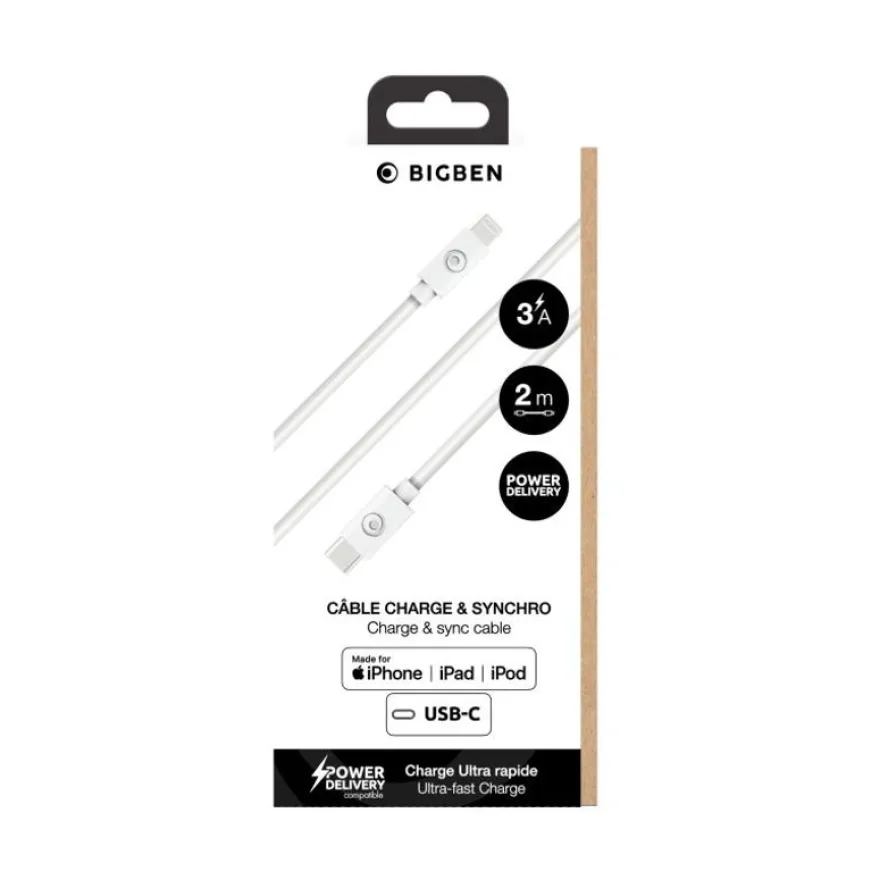 Bigben - Câble USB C/Lightning - 2m - 3A - Blanc