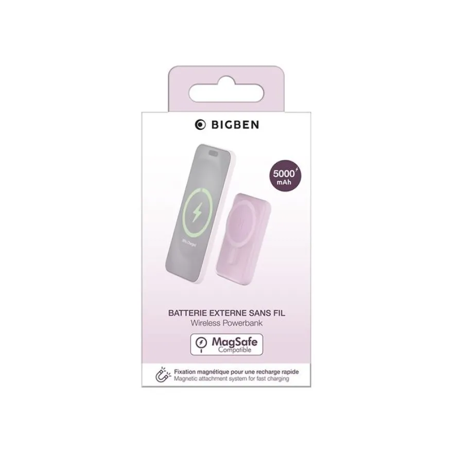 BIGBEN Connected - Banque d'alimentation - magnetic MagSafe wireless, Qi - 5000 mAh - 10 Watt - 2 connecteurs de sortie (USB, 24 pin USB-C) - rose
