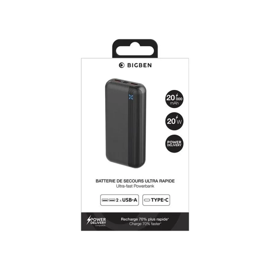 BIGBEN Connected - Banque d'alimentation - ultra-fast - 20000 mAh - 20 Wh - 2.4 A - PD, Quick Charge - 3 connecteurs de sortie (USB, 24 pin USB-C) - noir