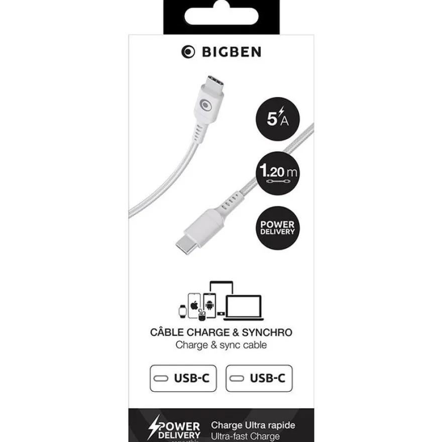 Bigben Connected - Câble USB-C vers USB-C - Tissé - 2m - Blanc