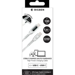 Bigben Connected - Câble USB-C vers USB-C - Tissé avec écran - 1.2m - Blanc