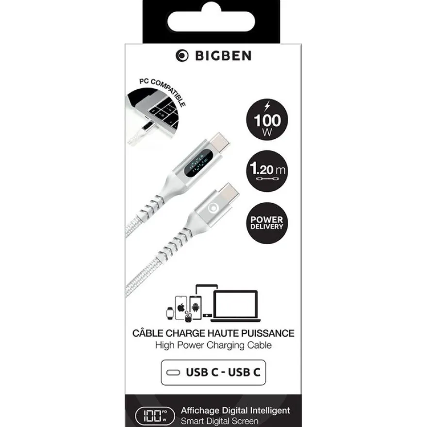 Bigben Connected - Câble USB-C vers USB-C - Tissé avec écran - 1.2m - Blanc