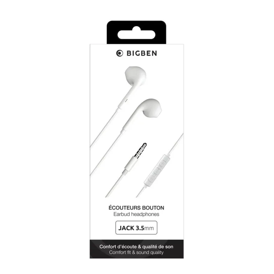 BIGBEN Connected - écouteurs Jack 3.5mm - avec Télécommande et Micro - Bouton Blanc