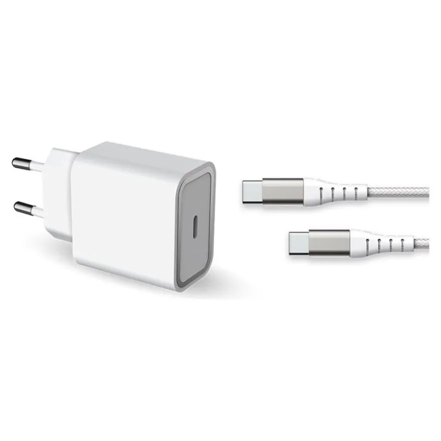 BIGBEN Connected - Force Power Lite - Chargeur secteur pour smartphone - 25W Power Delivry + Cable Renforcé USB C/USB C - Blanc - Garanti à vie