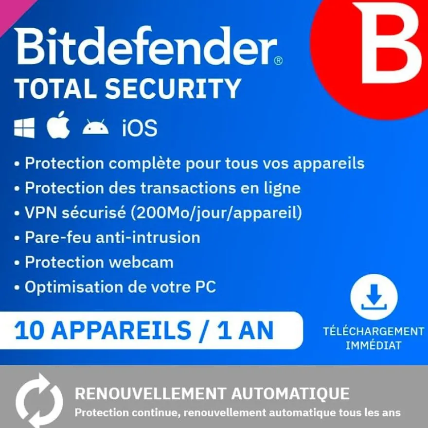Bitdefender total security - Code d'activation envoyé par email valable pour 10 appareils pendant 1 an