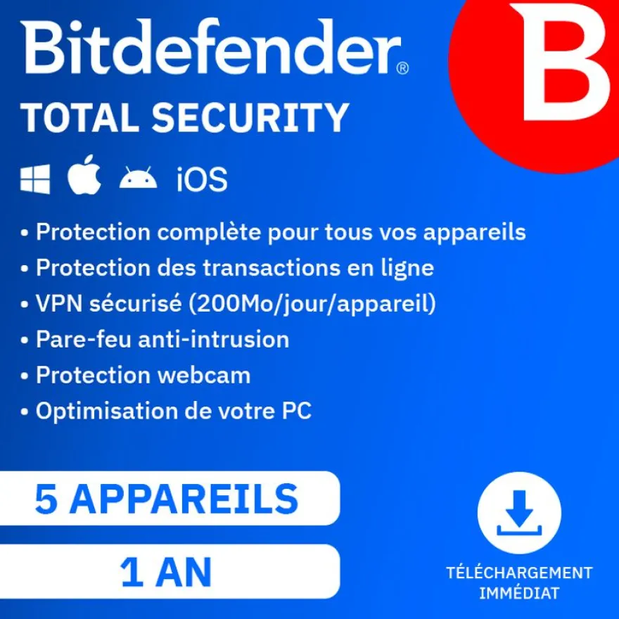 Bitdefender total security - Code d'activation envoyé par email valable pour 5 appareils pendant 1 an