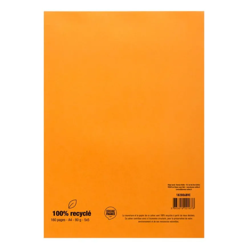 Bloc agrafé Orange recyclé A4 80 feuillets petits carreaux 5x5 80 g/m²