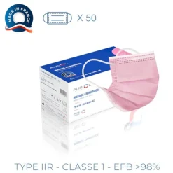 Boîte de 50 masques chirurgicaux "made in France" (non stériles) - type II R - rose