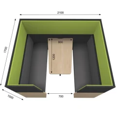 Box acoustique IN'TEAM - L210 x H 150 x P170 cm - 6 places avec table - structure chêne gris et carbone - panneaux bleu chiné