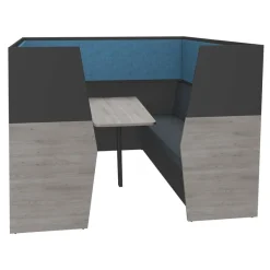 Box acoustique IN'TEAM - L210 x H 150 x P170 cm - 6 places avec table - structure chêne gris et carbone - panneaux bleu chiné
