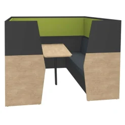 Box acoustique IN'TEAM - L210 x H 150 x P170 cm - 6 places avec table - structure chêne clair et carbone - panneaux vert chartreux