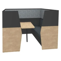 Box acoustique IN'TEAM - L210 x H 150 x P170 cm - 6 places avec table - structure chêne clair et carbone - panneaux gris chiné