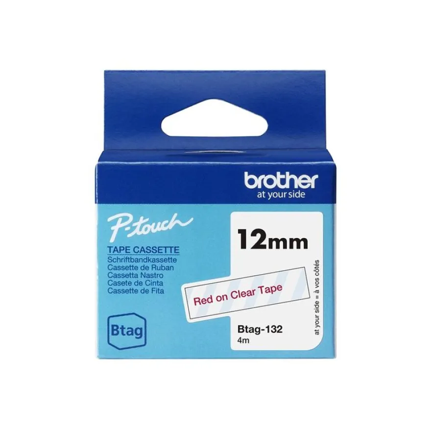 Brother BTAG-132 - Rouge sur transparent - Rouleau (1,2 cm x 4 m)