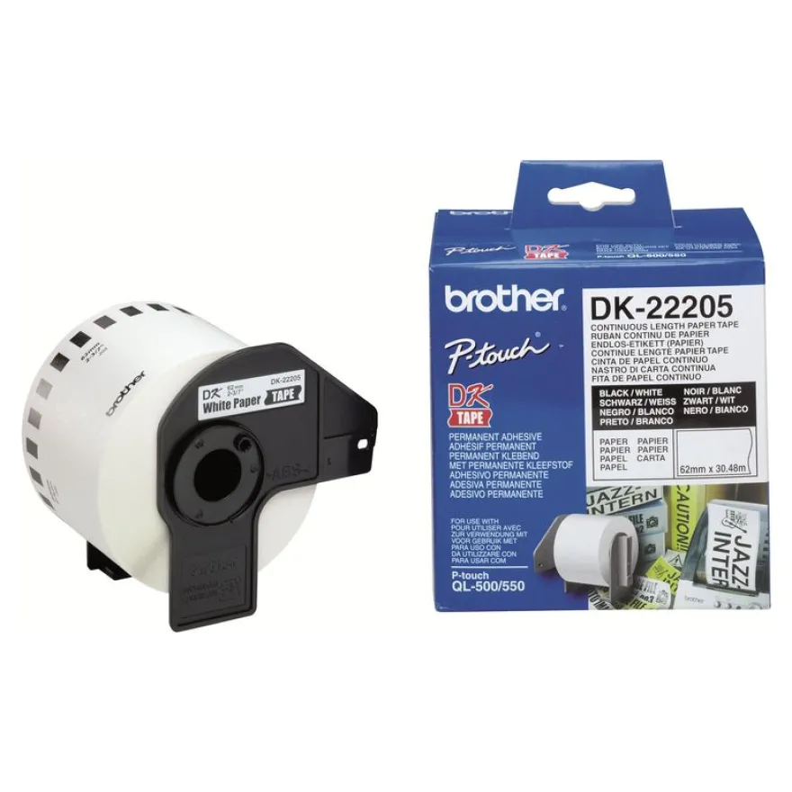Brother DK-22205 - Ruban d'étiquettes auto-adhésives - 1 rouleau (62 mm x 30,5 m) - fond blanc écriture noire