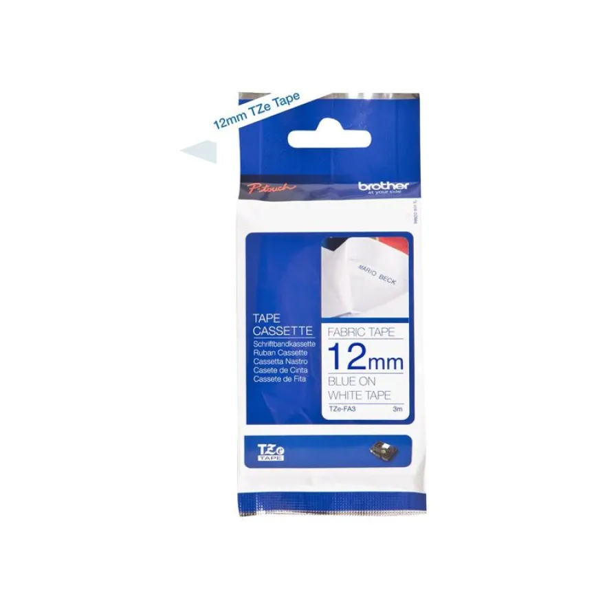 Brother TZeFA3 - Ruban d'étiquettes textile thermocollant - 1 rouleau (12 mm x 3 m) - fond blanc écriture bleu
