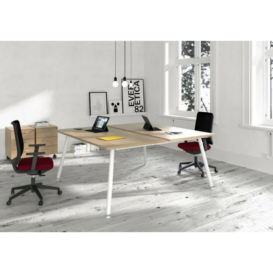 Bureau Bench LEONARDO - L180 x H74 x P168 - Pieds métal blancs - Anthracite chants chêne