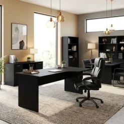 Bureau compact Trend - L160 cm - retour à gauche - pieds panneaux - plateau imitation frêne noir