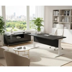 Bureau compact Trend - L160 cm - retour à droite - Pieds métals blanc - plateau imitation frêne noir - (pieds de renfort obligatoire à rajouter - non inclus)