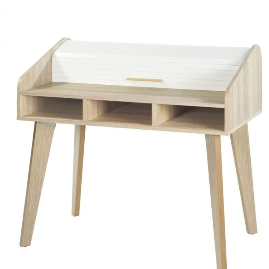 Bureau Cylindre Vintage - Pieds Chêne - 3 Niches - Rideau blanc