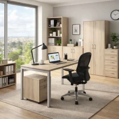 Bureau droit Trend - L140 - pieds arches - plateau imitation chêne canadien