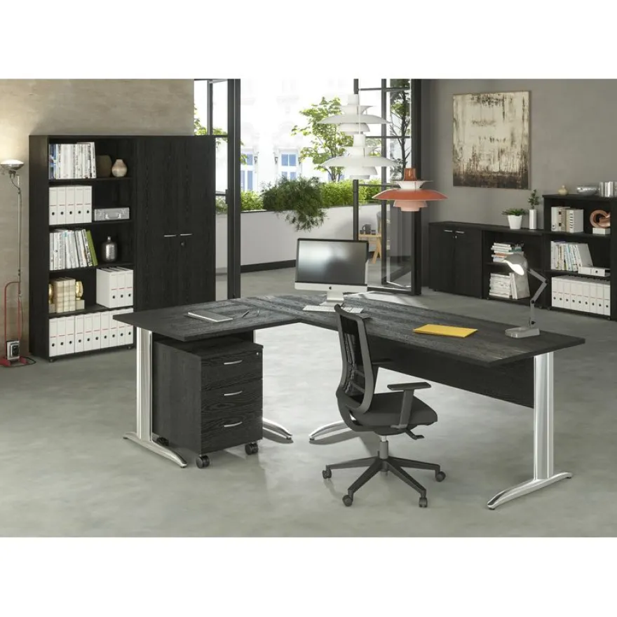 Bureau droit Trend - L80 - Pieds métals - plateau imitation frêne noir - pied effet chromé