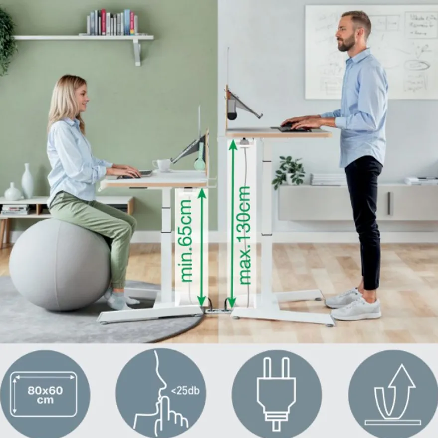 Bureau ERGO – Bureau assis-debout compact – Réglage électrique 65-130cm – Blanc