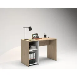 Bureau home office - Finition blanc et imitation chêne avec 1 partie rangement