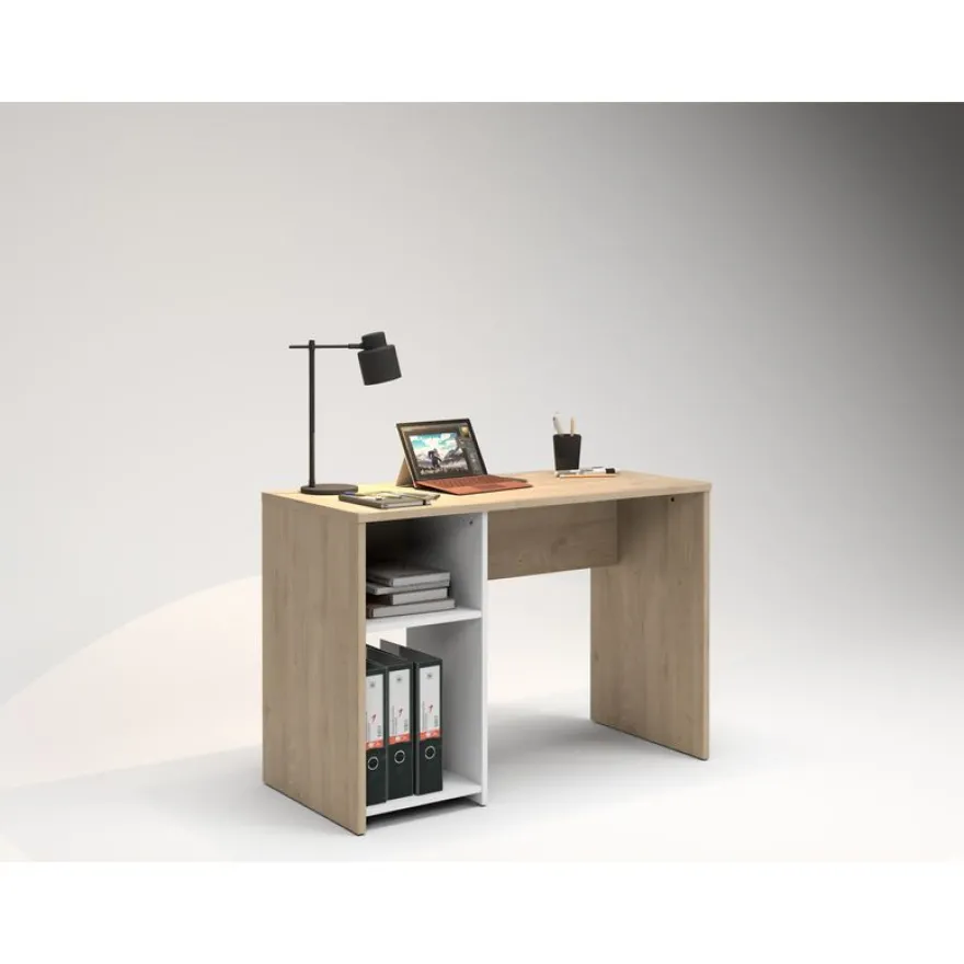 Bureau home office - Finition blanc et imitation chêne avec 1 partie rangement