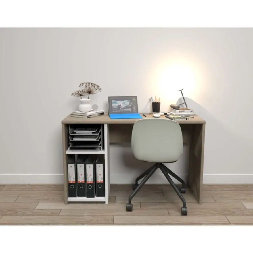 Bureau home office - Finition blanc et imitation chêne avec 1 partie rangement