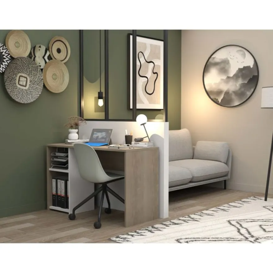 Bureau home office - Finition blanc et imitation chêne avec 1 partie rangement
