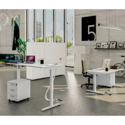 Bureau LEVEL - Bureau éléctrique - L160 - pied blanc - plateau Imitation Chêne clair