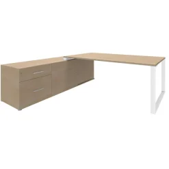 Bureau LOFTER Manager - L180 x P100 x H72,5 cm - console retour à gauche (tiroirs) - pieds blanc - plateau imitation chêne clair