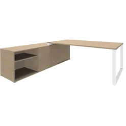 Bureau LOFTER Manager - L180 x P100 x H72,5 cm - console retour à gauche (cases) - pieds blanc - plateau imitation chêne clair
