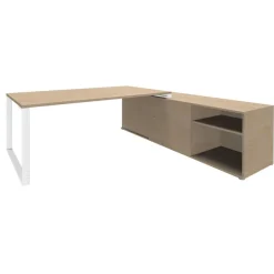 Bureau LOFTER Manager - L180 x P100 x H72,5 cm - console retour à droite (cases) - pieds blanc - plateau imitation chêne clair