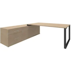 Bureau LOFTER Manager - L180 x P100 x H72,5 cm - console retour à gauche (tiroirs) - pieds carbone - plateau imitation chêne clair